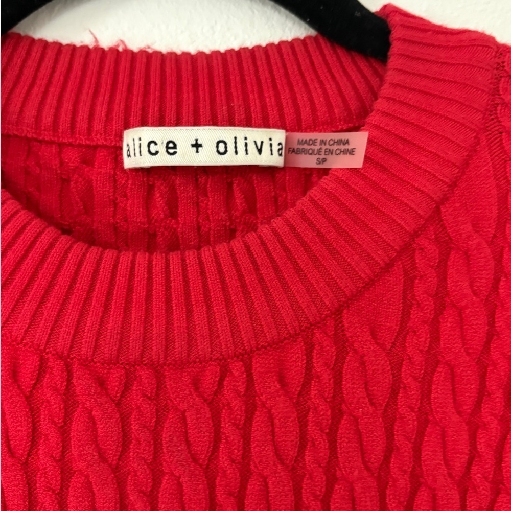 Alice + Olivia Yuna Cable Knit Mini Dress Bright Poppy Long Sleeve - Picture 4 of 10